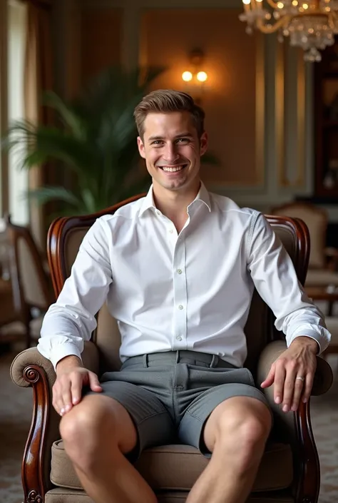 a British prince, , short hair, pose for a picture, wearing white shirt and grey short, sitting on a armchair, in a luxurious living room, smile at the camera