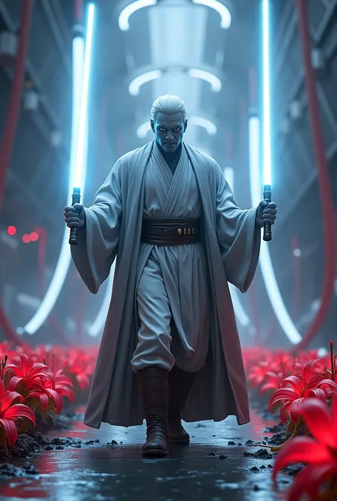 Male character, his name is Tarlos. He is a Jedi warrior. He carries two white lightsabers with him., one in each hand. He is facing the camera, with arms half open. Wears gray Jedi clothes. Your hair is white and your eyes are white. He has a sinister smi...