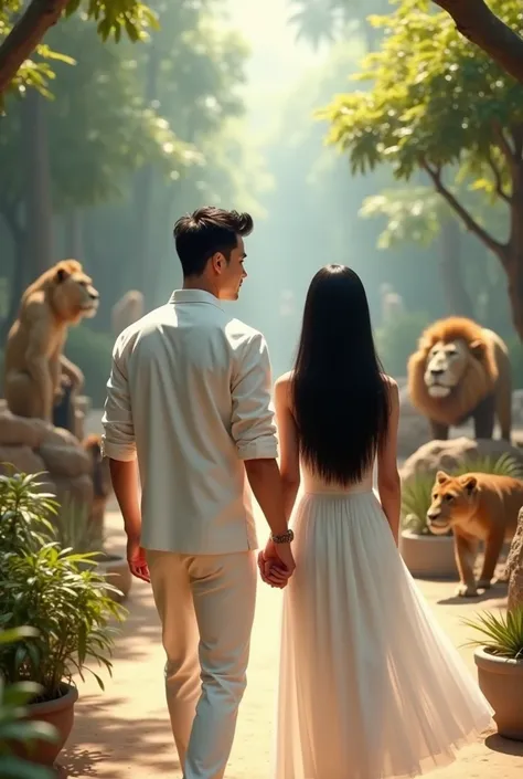 A man , beautiful , and a woman , Very pretty , with white skin and long straight black hair , dressed in white walking through a zoo , not holding hands and watching the animals