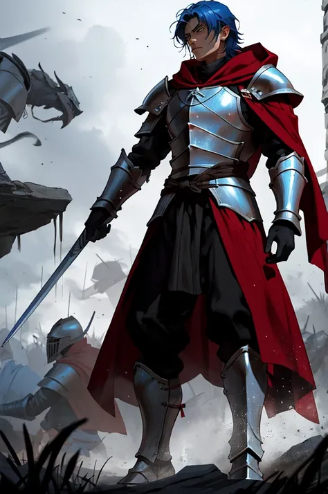 A male, muscular warrior with medium length blue hair stands on a battlefield. He wears wuality armor that is ebony black. He wears a red cloak over his frame. He is ready for battle. He is a knight, fighting in a fantasy world