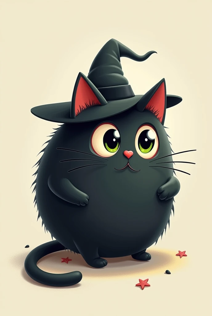 work of art, the highest quality:1.1, Black cat in the shape of a ball:1.5, perfect sphere:1.5, Deformed illustration, Simple eyes and mouth with witch hat 