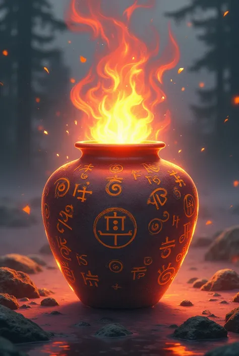 Create a Japanese jar that has visible fire coming out of it, full of runes in the jar and anime style. 