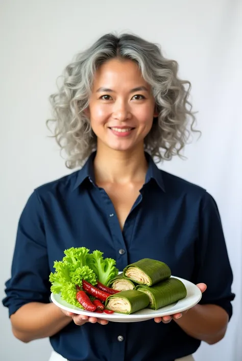 "A woman with silver-gray curly hair smiles gently as she holds a plate of traditional Thai food, &#39;Moo Yor&#39; wrapped in banana leaves. The plate is garnished with fresh lettuce and red dried chilies. The Moo Yor is cut into pieces, revealing its smo...