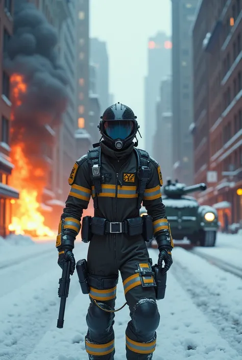 Create a surreal scene based on the pure Sniper game, a New York scenario under snow with buildings on fire, In the center, a sniper in a robotic firefighter suit, Marvel superhero style, with his face uncovered, and a futuristic war tank behind him.