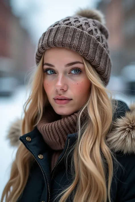 Professional portrait photo of a beautiful Norwegian girl in winter clothing，Long wavy blonde hair，（（Sexy sexy expression）），freckle，Beautiful symmetrical face，Lovely natural makeup，（（Standing outside on snowy city streets）），