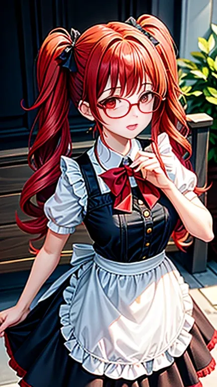 a girl, wearing red and black maid clothes, red hair, pigtails, cute face, red eyes, glasses, perfect body,