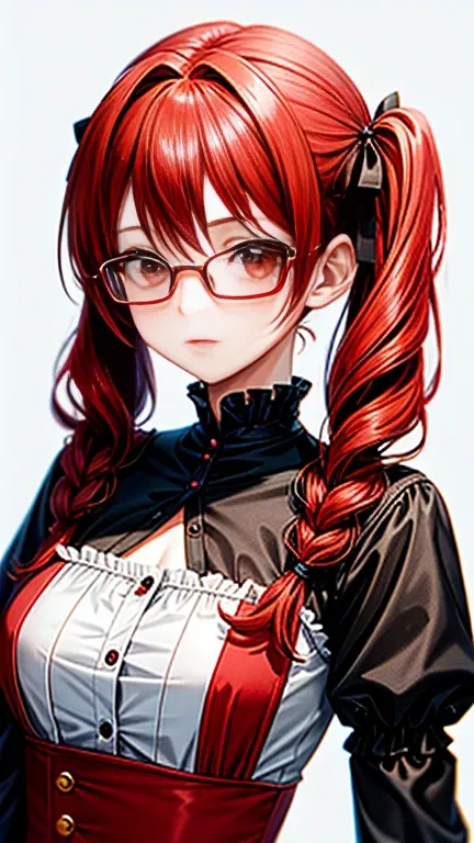 a girl, wearing red and black maid clothes, red hair, pigtails, cute face, red eyes, glasses, perfect body,