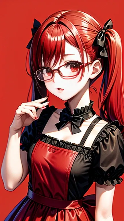 a girl, wearing red and black maid clothes, red hair, pigtails, cute face, red eyes, glasses, perfect body,