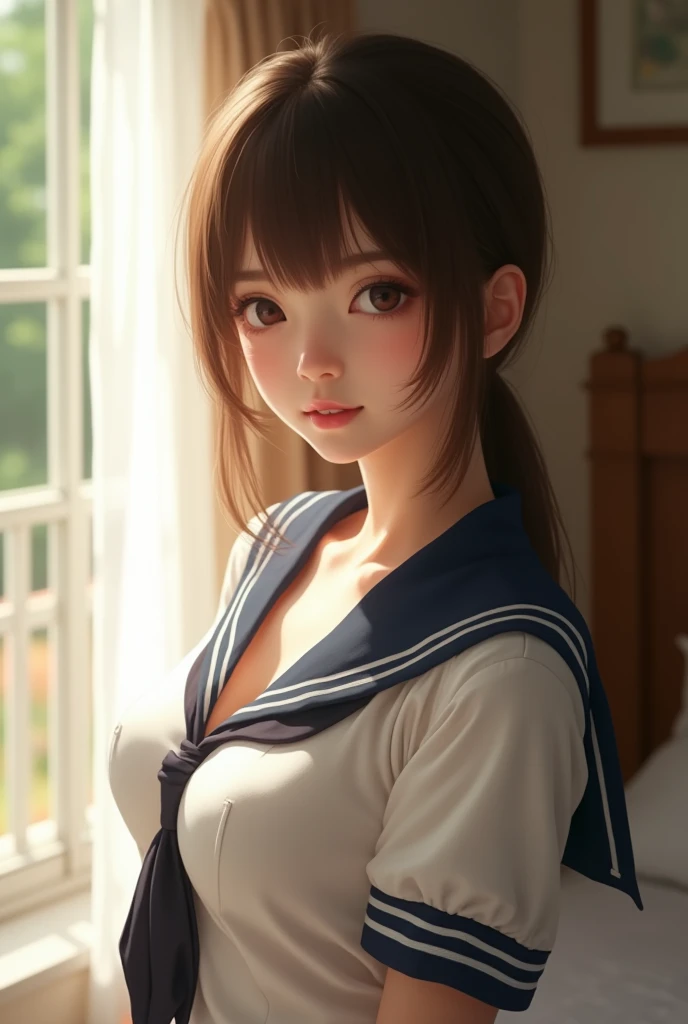 One girl, Large Breasts, Japanese High School Student，Private room，Summer sailor uniform，White skin，Open your mouth a little, Bust, Brown Hair, Portrait Photography, 