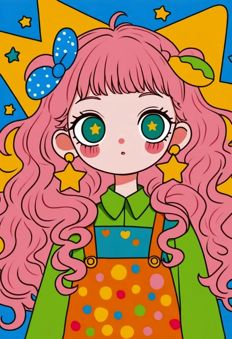 the characters in the illustrations have natural expressions，long, pink curly hair, decorated with orange and green horn hair ac...