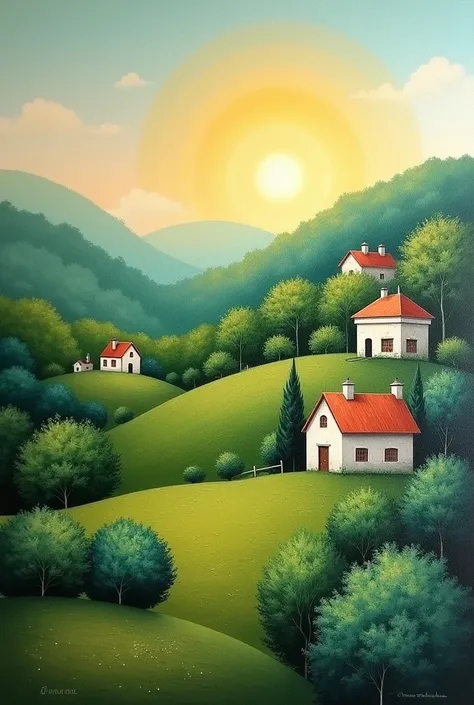 Aesthetic Oil Painting Ideas, groundbreaking, revolutionary, creative, landscape, with houses, Trees, Thu, sun shining, less vivid colors, oil painting, que impressione 
