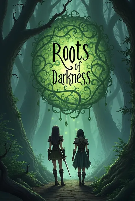 that has the phrase : "ROOTS OF DARKNESS" written in the middle with branches of vines around and leaves, that reflects the name of a tale alluding to some dryads, It has to look fanciful, with two female teenage human characters who have weapons and armor...