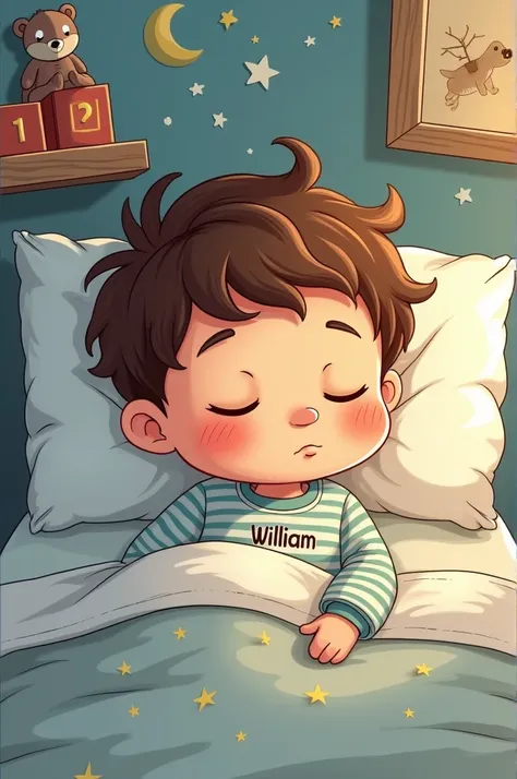 Cartoon boy wearing pajamas with the name william sleeping 