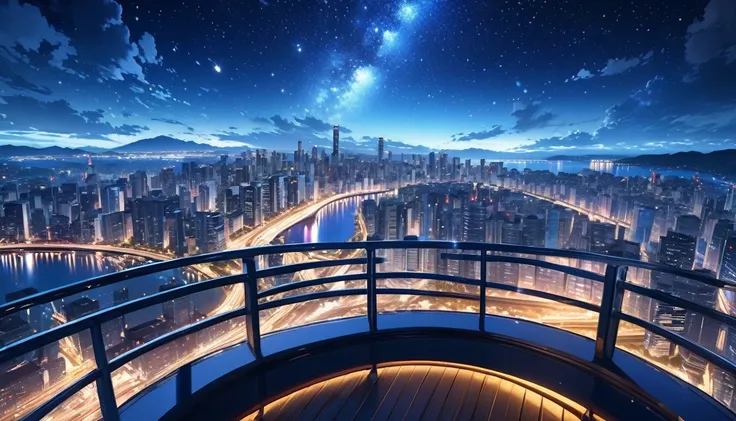 a beautiful night cityscape with a starry sky, a stunning view from an observation deck, anime style, intricate details, cinematic lighting, vibrant colors, dramatic composition, photorealistic, 8k, highest quality, masterpiece