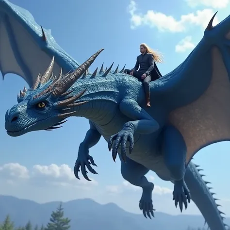 Man Black long blond hair  on top of a dragon blue Very big 
