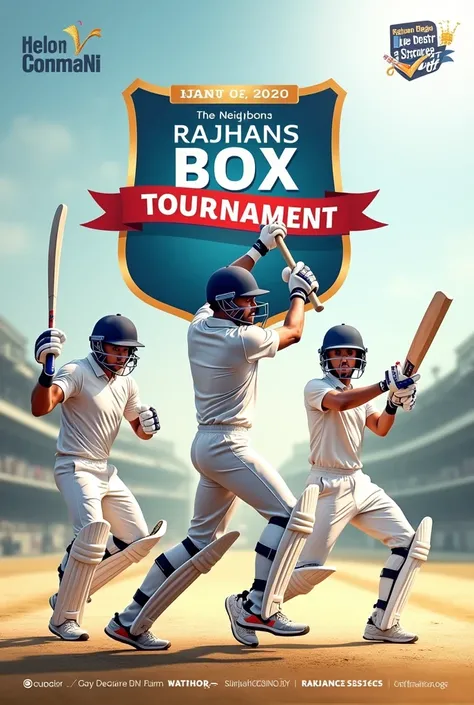 Create a sports poster with the following details:

Title: Rajhans Box Tournament
Slogan: Where Neighbors Compete, Fun Unites
Date & Time: 28 Sep, 9 PM
Include: One or two cricket images.
Design Style: Use ligh colors like light blue grey. Ensure the desig...