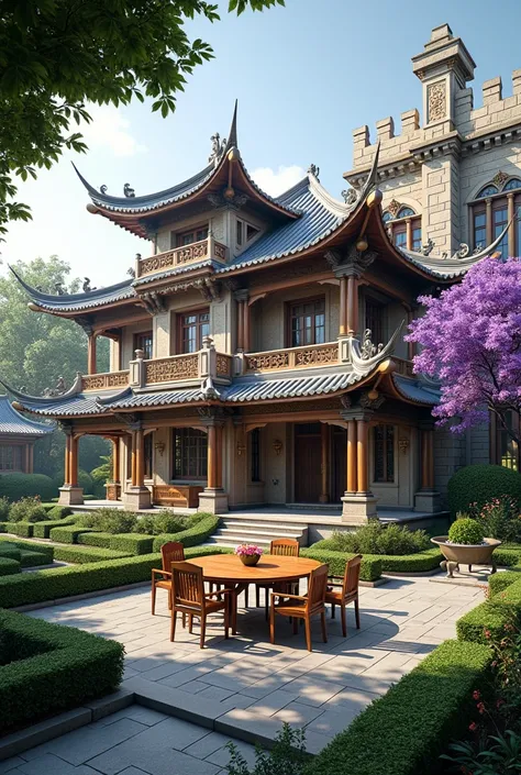 A house with traces of China , and as if it were a castle  , like a garden and a purple ipê tree on the side , a large table along with several chairs. 


