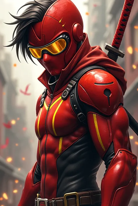 Red immortal superhero young tactical anime type with mask, katanas and weapons man and with mask and golden glasses similar to deadstroke younger glasses visor full mask, but comic style
