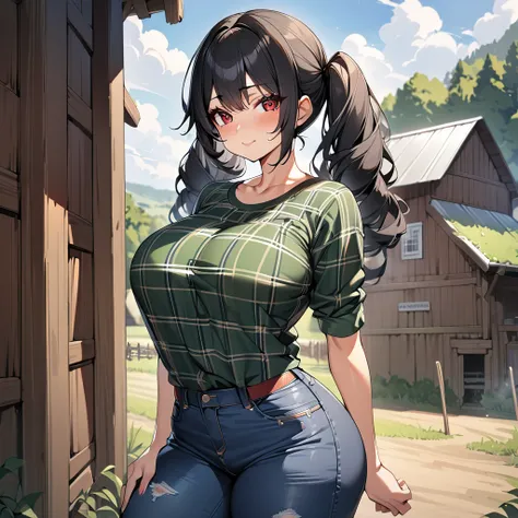 a girl, beautiful, sexy body, big hips, big breasts, cute face, (long straight black hair, Twintail hairstyle: 1), (red eyes: 1), green lumberjack shirt, jeans, leather boots, farm background, very detailed background, high quality, high detail, perfect an...