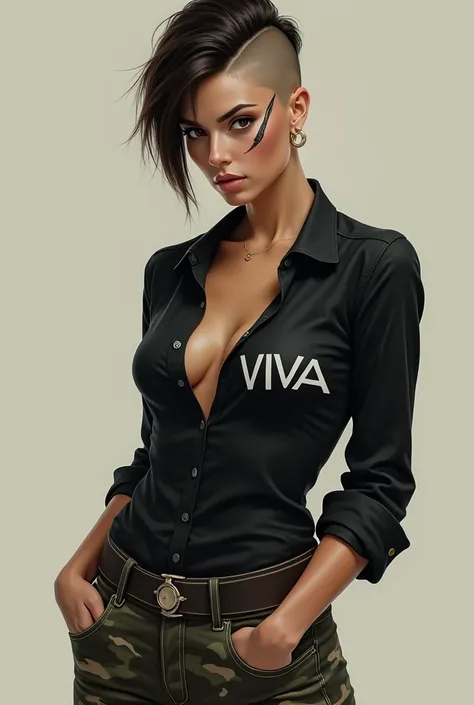 A tall woman with short hair shaved on the side of her hair, color deep brown eyes wears a black blouse with the word viva written on it, camouflage jeans And a scar on his right eye 