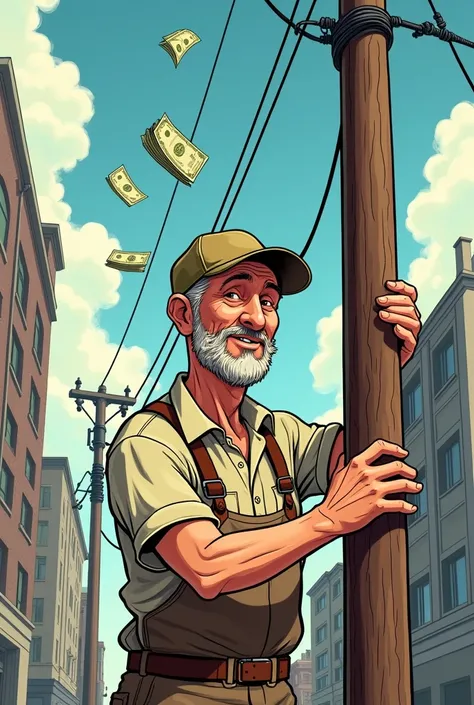 A man in beige overalls，Worker with hat，He is repairing the electric pole.，Behind him are some banknotes，But the banknotes were blown away by the wind。Comic Style