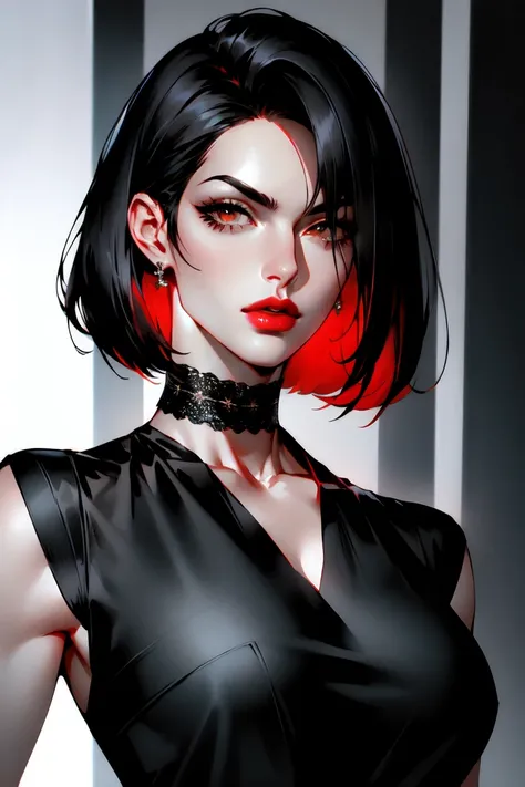 { - anatomy error}(Masterpiece - Ultra-detailed, Very high resolution) black hair, beautiful greek goddess, Promising bust, serious guy, red eyes, red lips, straight hair, short hair bob style hair, black colored hair, silver choker, Greek silver clothing