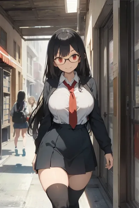 1 female, black long hair, huge breast, thick legs, red eyes, glasses, smile, in the school, hallway, walking, books