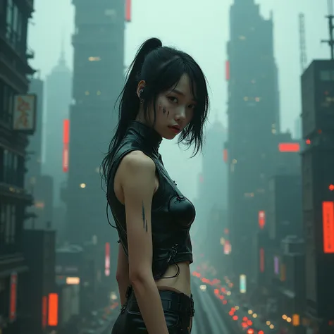 Real Photo, One Girl, Cyberpunk, Implant Devices, Augmented Body, Sprawling megacities of the future, A civilization at a standstill