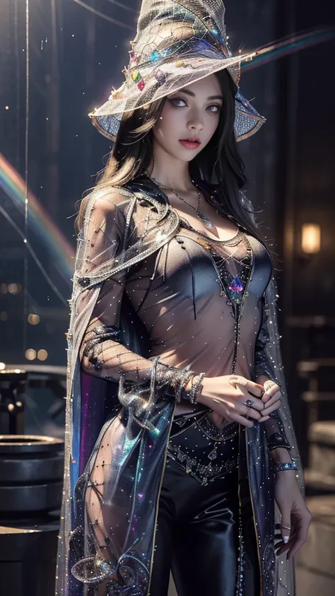 Top quality, masterpiece, ultra high definition, Original photo, 1 Girl, ((mesh sardine)), cinematic lighting, very long hair, wind, necklace, piercing, ((Sorceress clothing)), ((glitter clothing)), ((rainbow clothing)), ((detailed clothing:1.8)), ((mesh l...