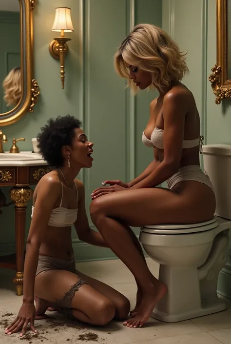 An English Black biracial woman, 38DD-24-48 ((very light-skinned)) dark blonde hair, brown eyes, red lips, tall, strong body, beautiful feet, butt naked, is sitting on a toilet bowl smoking weed, and tramples his feet on the face ((tramples with his feet d...