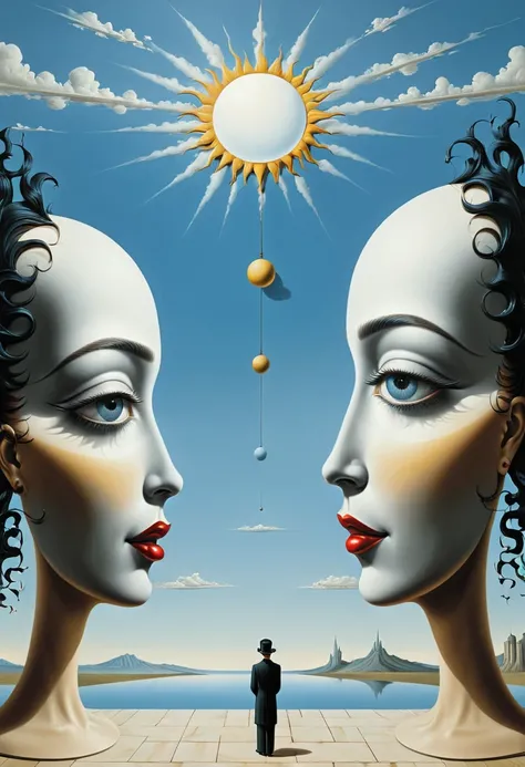 sun worshipers, NO FACES - surrealist style, surrealist artwrok, dream like, Salvador Dali style, Rene Magritte style, highly detailed, masterpiece, painting-like, HD