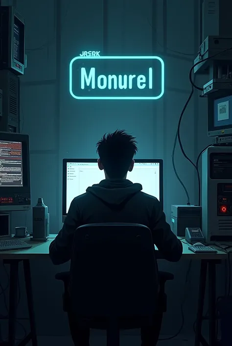 A hacker sit in his room and many computers and   one computer screen write Monjurul 