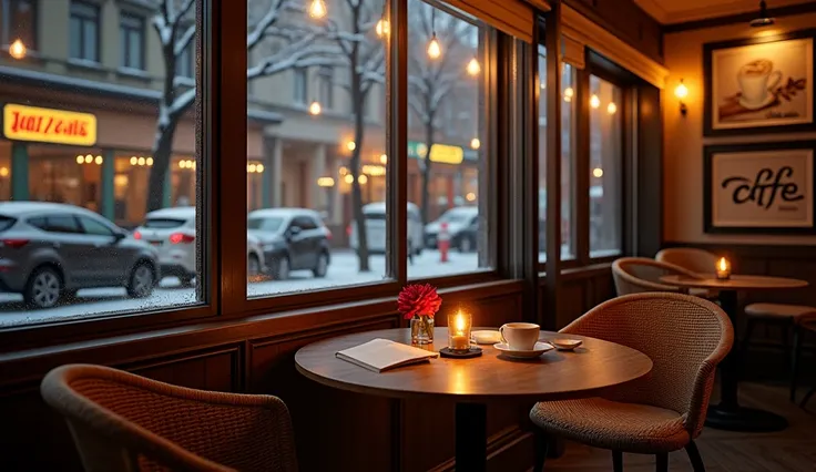 real coffeshop, There are framed pictures of coffee and cigars on the wall, and writing on the window says "jazz coffe",yellow indirect illumunate, yellow ambiance spot,outside winter and snow and outside at the park, cozy coffeshop coffe stand on bakery a...