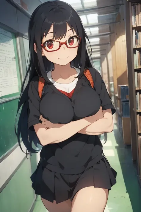 1 female, black long hair, huge breast, thick legs, red eyes, glasses, smile, in the school, hallway, walking, books