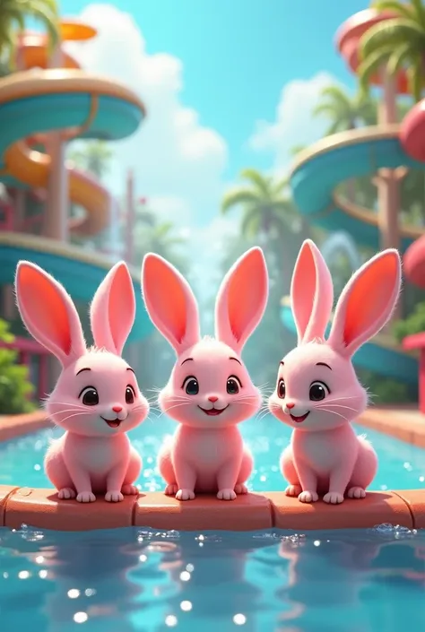 Three pink long-eared rabbits are sitting in a water park.