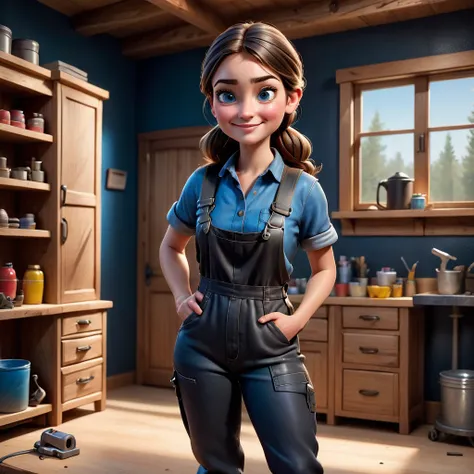 Crete Realistic 3D caricature Disney Pixar style female carpenter standing in full body, 20 years old, with a single braid in her hair, standing working on some cabinets, holding a rotary hammer with her right hand, the texture of the wood is clear. He wea...