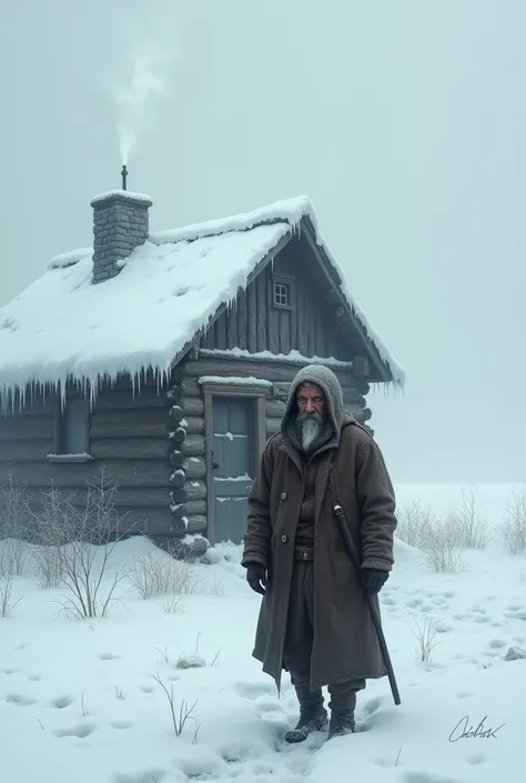 A poor man living in a snowy house