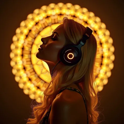 SENSUAL BLONDE WOMAN WITH HEADPHONES CONCENTRATING WITH GOLDEN ABSTRACT LIGHT MANDALA IN THE BACKGROUND