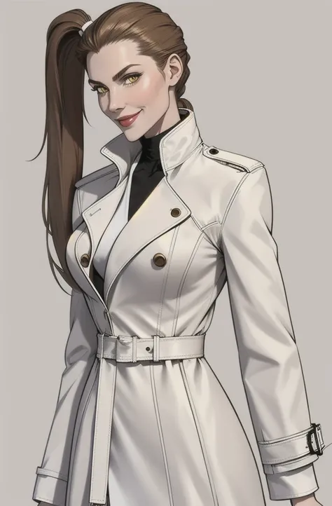 Female, light brown hair, messy ponytail, light yellow eyes, pale skin, tall, smiling, slender, prominent cheekbones, white leather trench coat