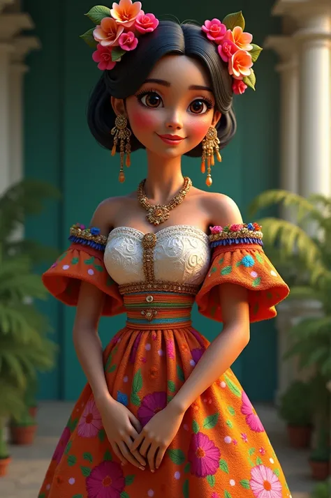 A Panamanian woman in traditional costume in 3d