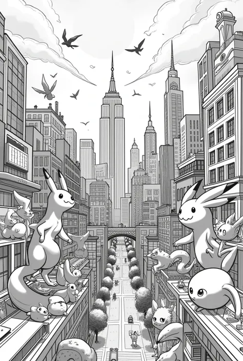 A black and white design of a city surrounded by pokemons