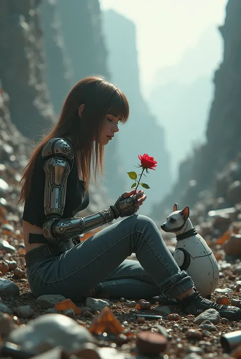 Ana is sitting on a huge cyber-waste dump , with lots of robot scrap , by your side a little robot dog , she has robotic arms,  hold a rose 