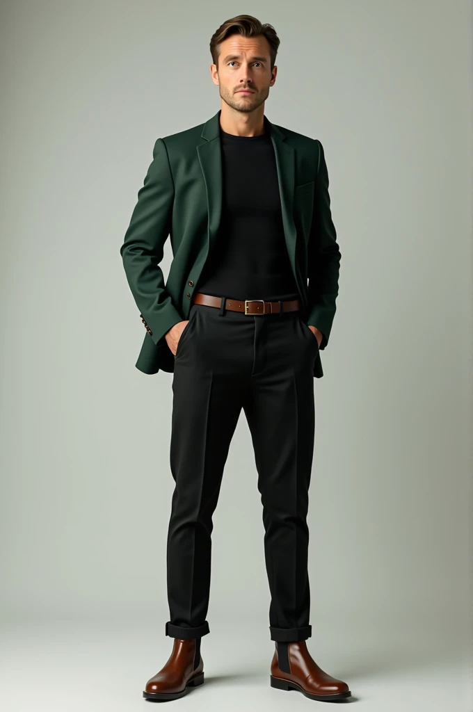 Man with brown chelsea boots, black pants, Black shirt, Dark green blazer 