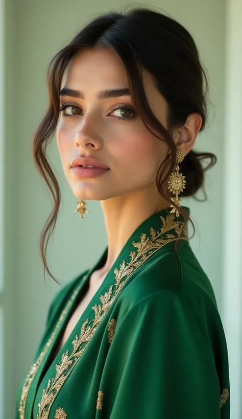 "Design a 20-year-old fashion model with a look inspired by Pakistani beauty standards. The model should have an elegant and refined appearance, characterized by delicate facial features and a graceful demeanor. Her skin tone should be a radiant, bright sh...