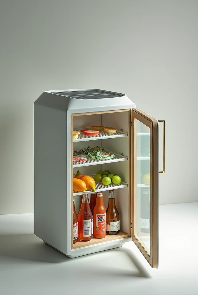 Triangle mini fridge with 2 shelves and solar panel and transparent door 