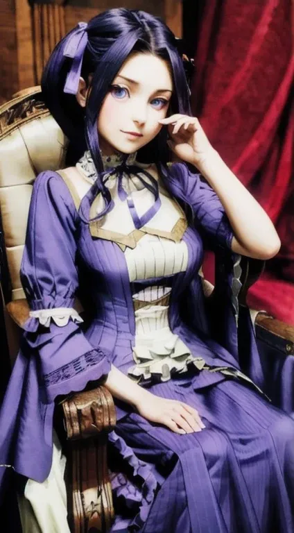 (very detailed), sharp focus, big breasts, close up of face, dress, 2 collections, purple ribbons, by the purple, blue eyes, sit...