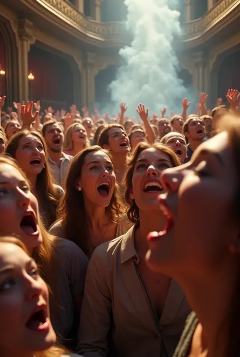 3d drawing of people singing, looking amazed at something that happens