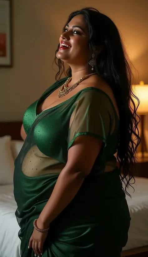 I am 40 year old tall giant plus size beautiful chubby fat indian women wearing shining fully transparent black silk saree and green silk blouse,giant ass, huge ass,big ass, huge breast, seducing a skinny man in bedroom, side view, full body image,
Long Ha...