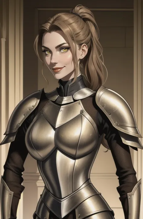 Female, light brown hair, messy ponytail, light yellow eyes, pale skin, tall, smiling, slender, prominent cheekbones, knight armour