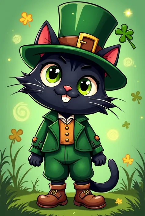 Create a cute, cartoonish image of a black cat dressed as a leprechaun